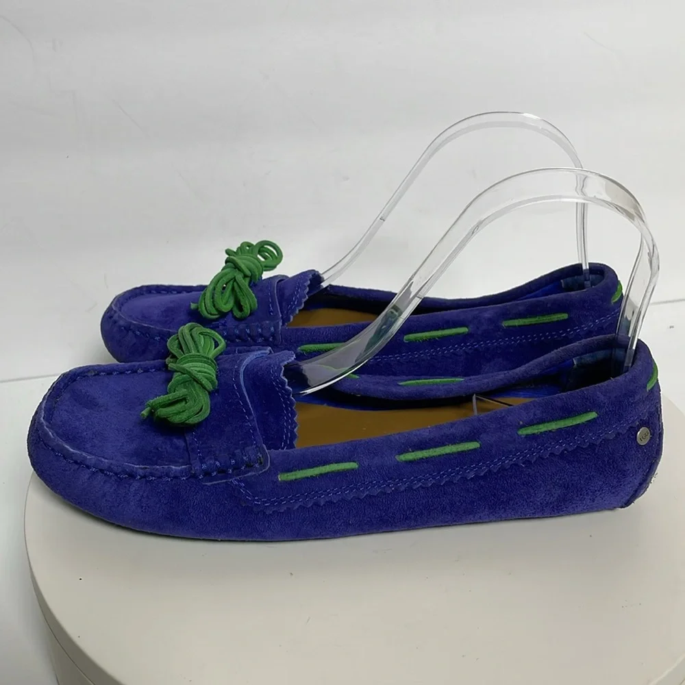 UGG Purple Suede Moccasins with Green Laces - Picture 3 of 9